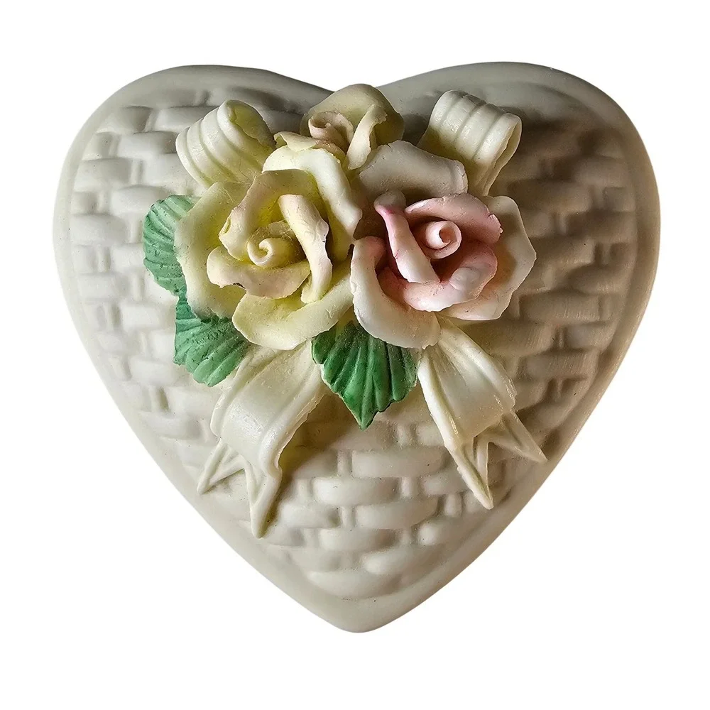 Vintage Heart Shaped Porcelain Trinket Box Floral Roses Basketweave White 4in